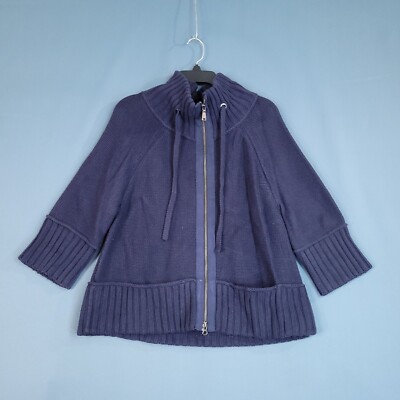 Eddie Bauer Women's Cotton Zip Up Sweater Drawstring Neck Navy Blue Size L