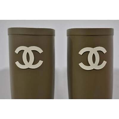 Pre-owned Chanel 22k Dark Beige Caoutchouc White Cc Logo High Pull On Rubber Rain Boots 40