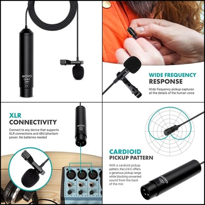 Movo LV4-C Cardioid XLR Lavalier Microphone Phantom Power with Metal Lapel Cl...