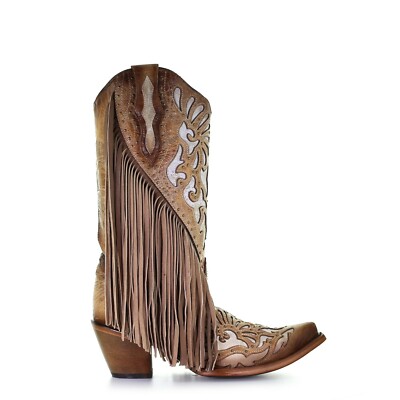 Pre-owned Corral Boots Corral Ladies Saddle Brown Lamb Inlay Embroidery & Fringe Boots C3766