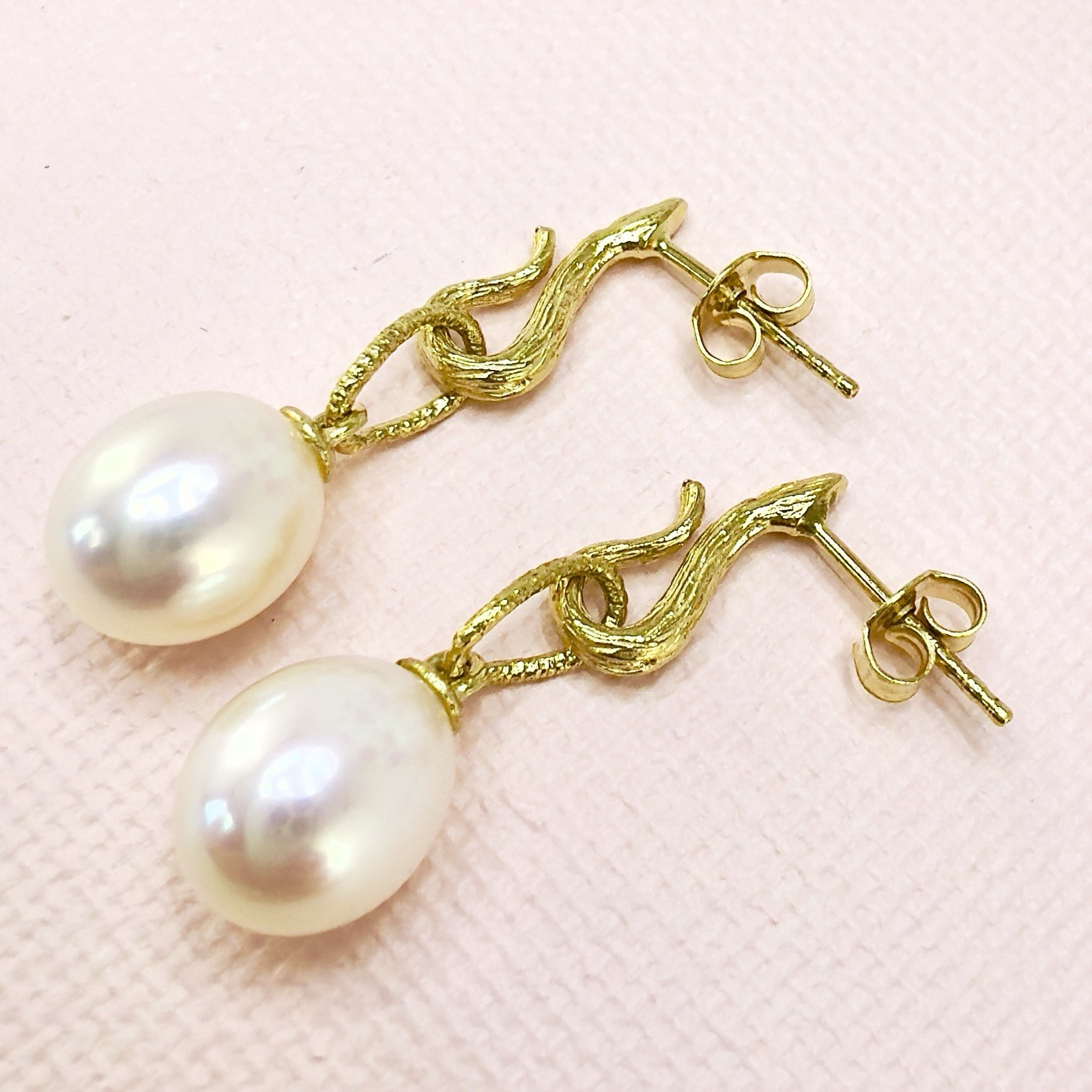 14k Yellow Gold Genuine Pearl Dangle Modernist Earrings, New - Picture 10 of 11