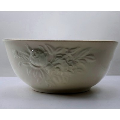 Lenox Ivory China Rose Embossed Serving Bowl Gold Rim Made in USA 9.75 Inch