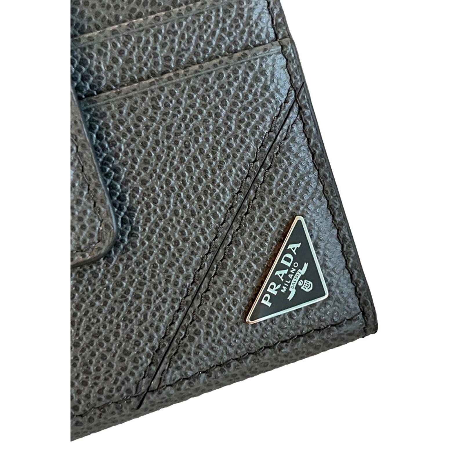 Pre-owned Prada Grey Vitello Grain Leather Card Bifold Wallet In Gray