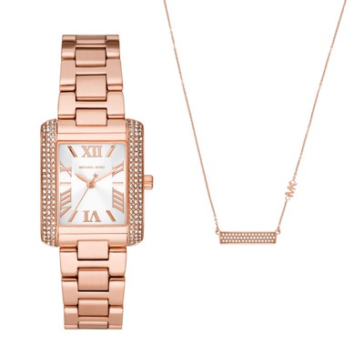 Pre-owned Michael Kors Womens Wristwatch + Necklace  Emery Mk1074set Steel Gold Rose