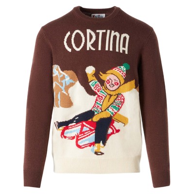 Pre-owned Mc2 Saint Barth Man Sweater With Cortina Postcard Print In Brown