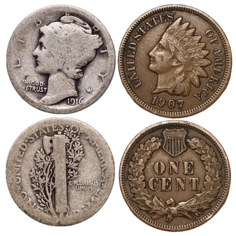 1916 MERCURY SILVER DIME AND INDIAN HEAD CENT VF LIBERTY (2 COIN