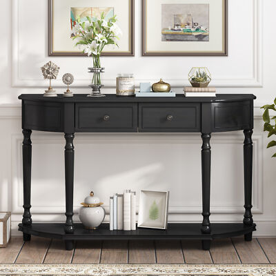 52'' Curved Console Table Retro Wood Entryway Table with 2 Drawers and Shelf
