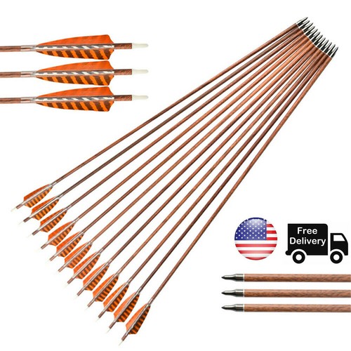 Archery Wooden Arrows with Turkey Feathers Field Points for Longbow Recurve Bow
