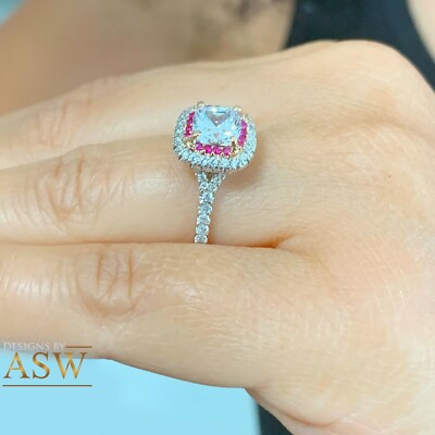 Pre-owned Asw 14k Solid White Gold Cushion Moissanite And Natural Diamonds And Ruby Ring 2.20