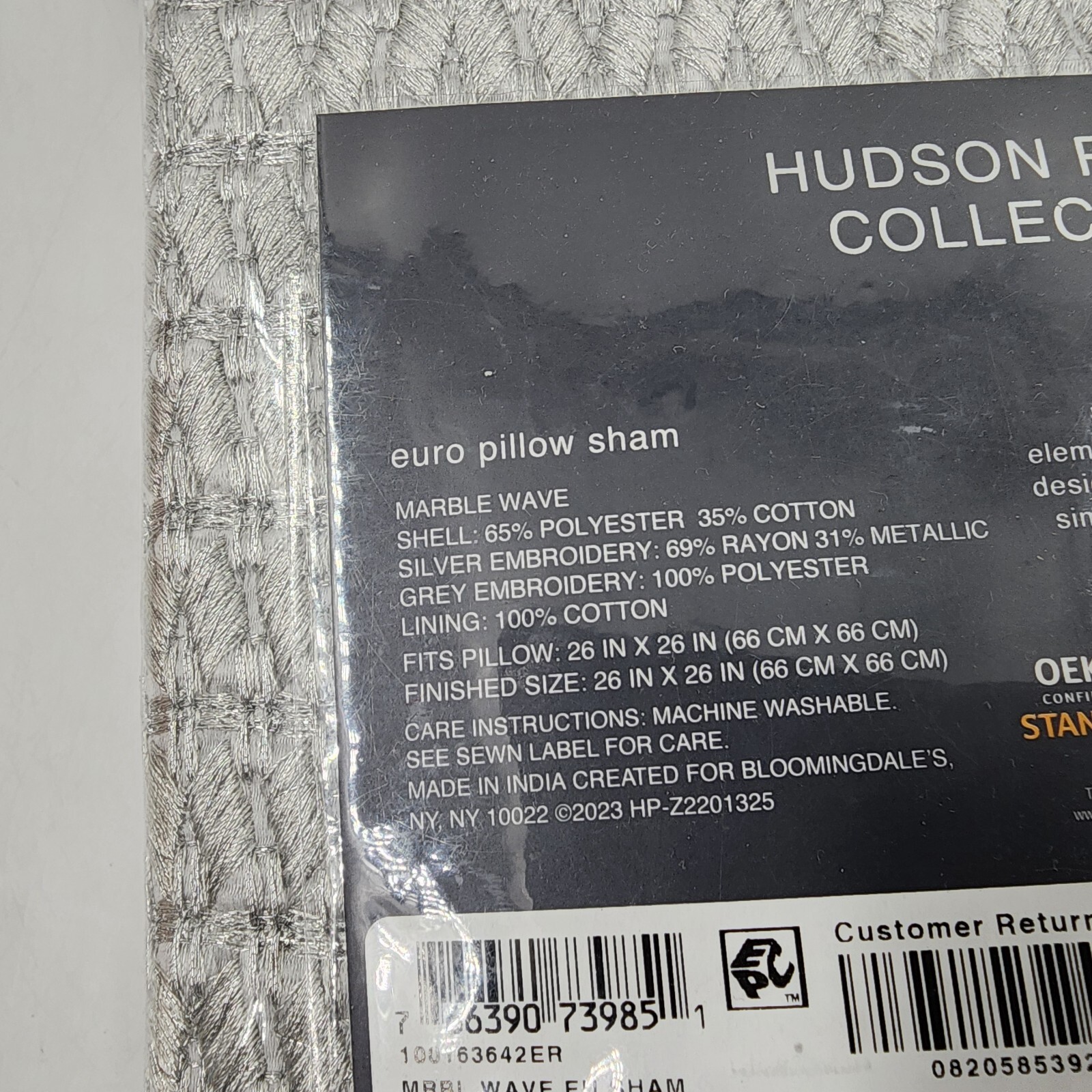 Hudson Park Collection Marble Wave Euro Pillow Sham 26 x 26in Silver Zip Closure - Picture 12 of 15