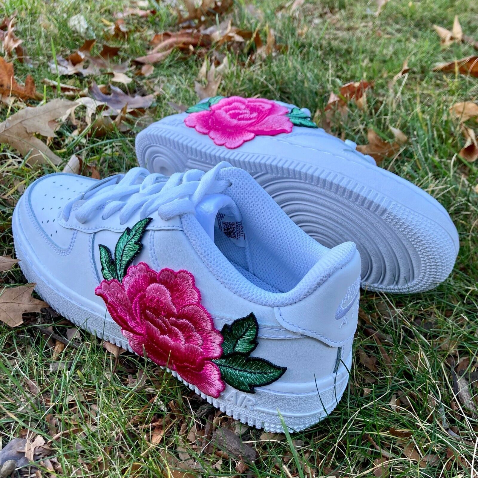 Pre-owned Nike Air Force 1 Low Custom White Shoes Pink Rose Embroidery Floral Mens Womens