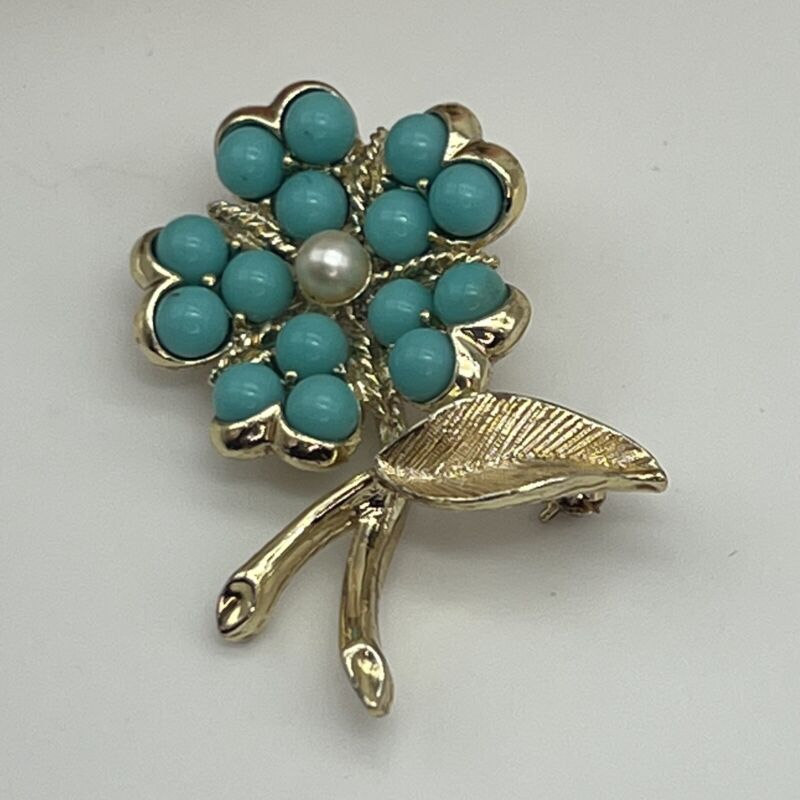 1960s Sarah Coventry Flower Brooch Faux Turquoise Bead Pin