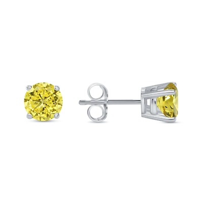 Pre-owned Shine Brite With A Diamond 1.50 Ct Round Cut Canary Earrings Studs Solid 18k White Gold Push Back Basket