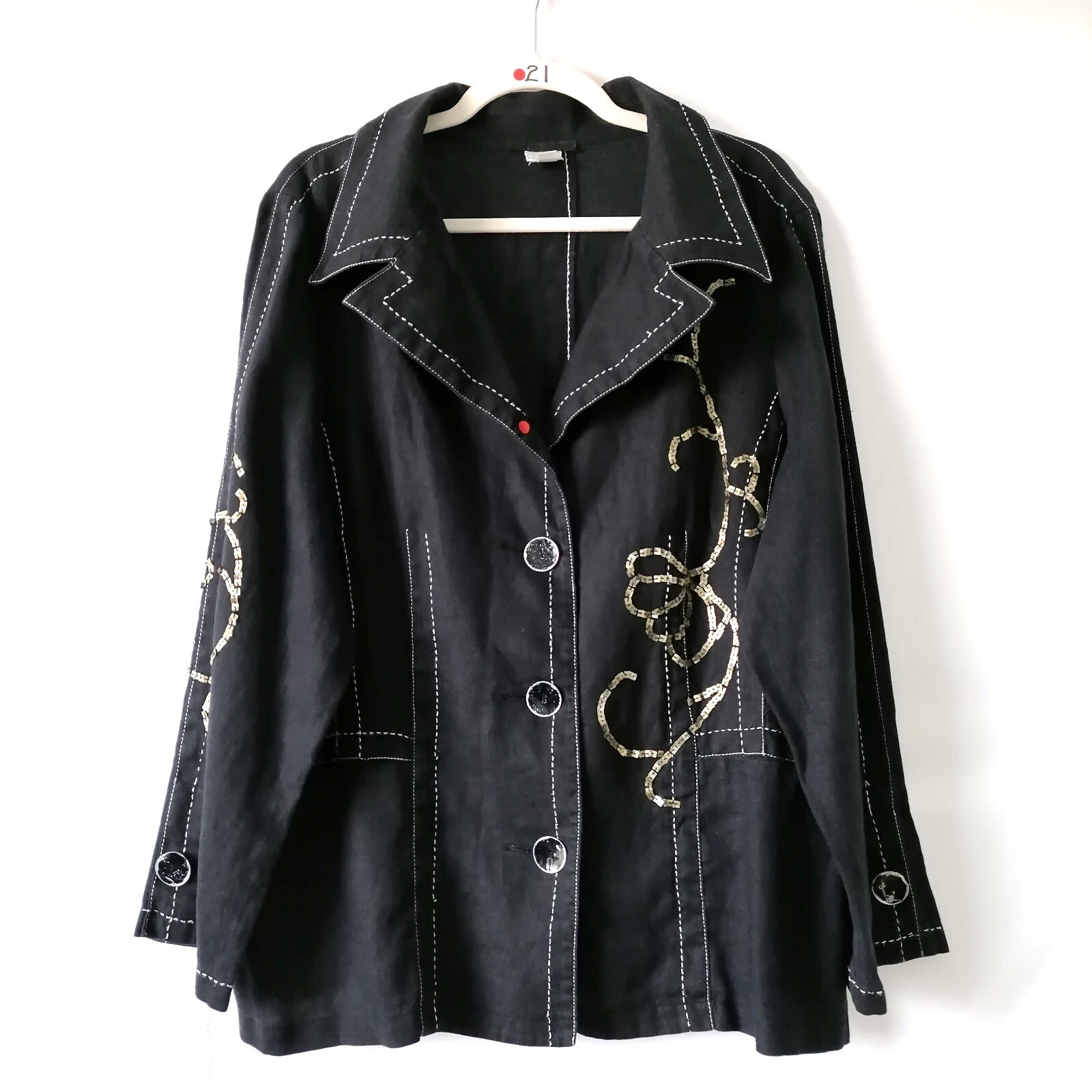 Alain Weiz Women's Black Sequin Embellished Linen Lapel Boxy