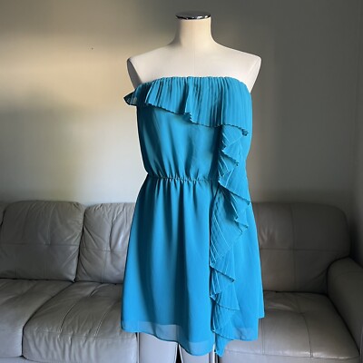NEW $118 BCBGeneration Sz M Cocktail Mini Dress Teal Blue Strapless Ruffle Short