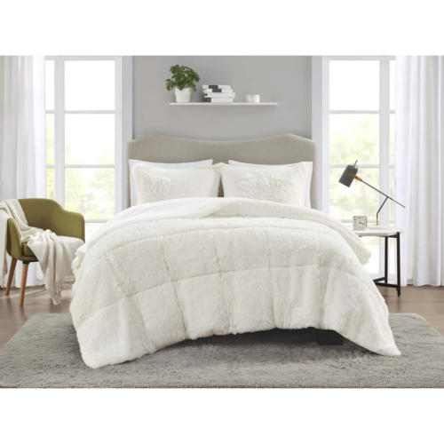 3 Piece Ivory Comforter Bed Set, Comforter and Shams, Full/Queen,Shaggy Faux Fur
