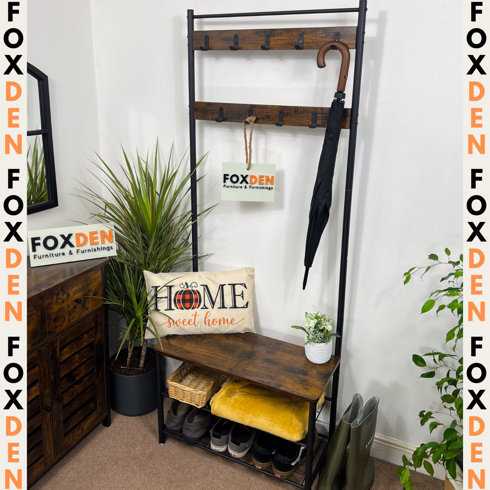 Wooden Rustic Hat and Coat Stand Hall Tree Hallway Shoe Rack Storage Organiser