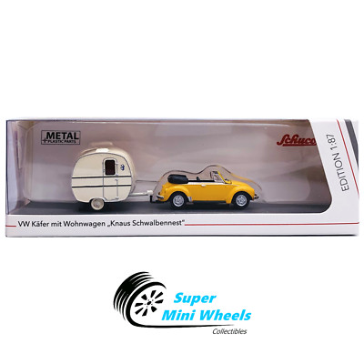 Schuco - 1:87 HO Scale - VW Beetle with Trailer (Wohnwagen Knaus Schwalbennest)