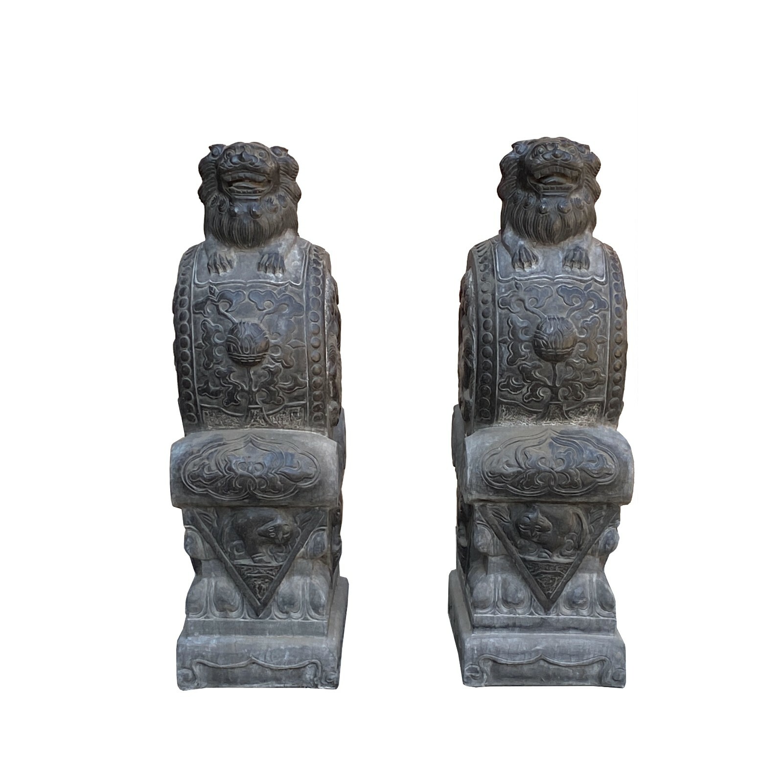 Chinese Pair Black Gray Stone Fengshui Foo Dogs Drum Statues cs7219S Chinese Pair Black Gray Stone Fengshui Foo Dogs Drum Statues cs7219S