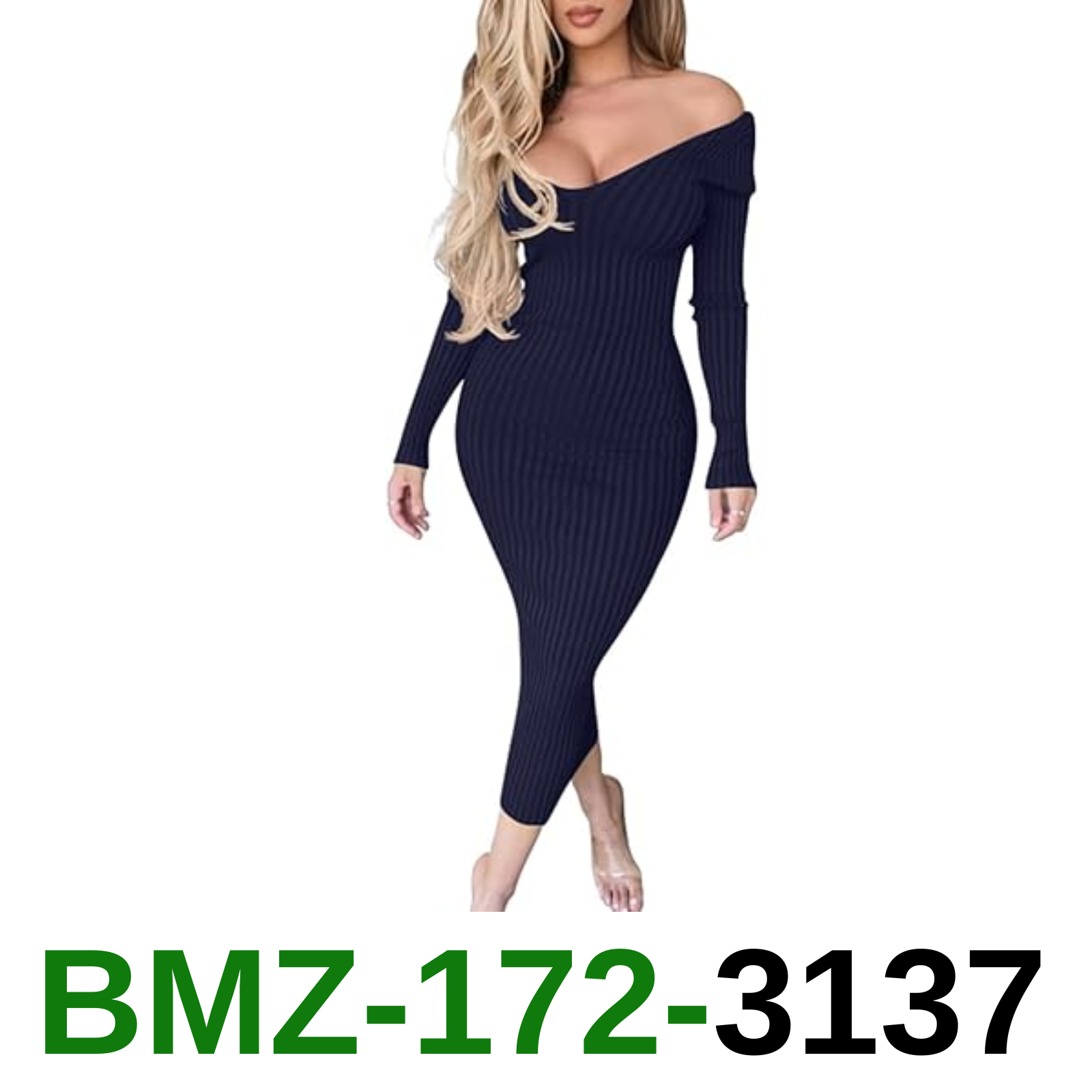 BEAGIMEG Women's Sexy Long Sleeve Off Shoulder Knit Bodycon Dress Navy, Long