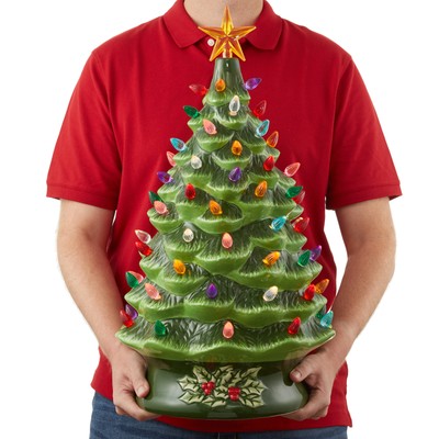 24" Pre-Lit Ceramic Christmas Tree Hand-Painted Tabletop with Lights