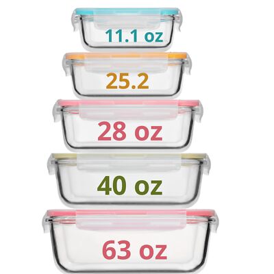 Razab 10 PC Glass Food Storage Containers with Multi Color Lids - 63, 40, 28,...