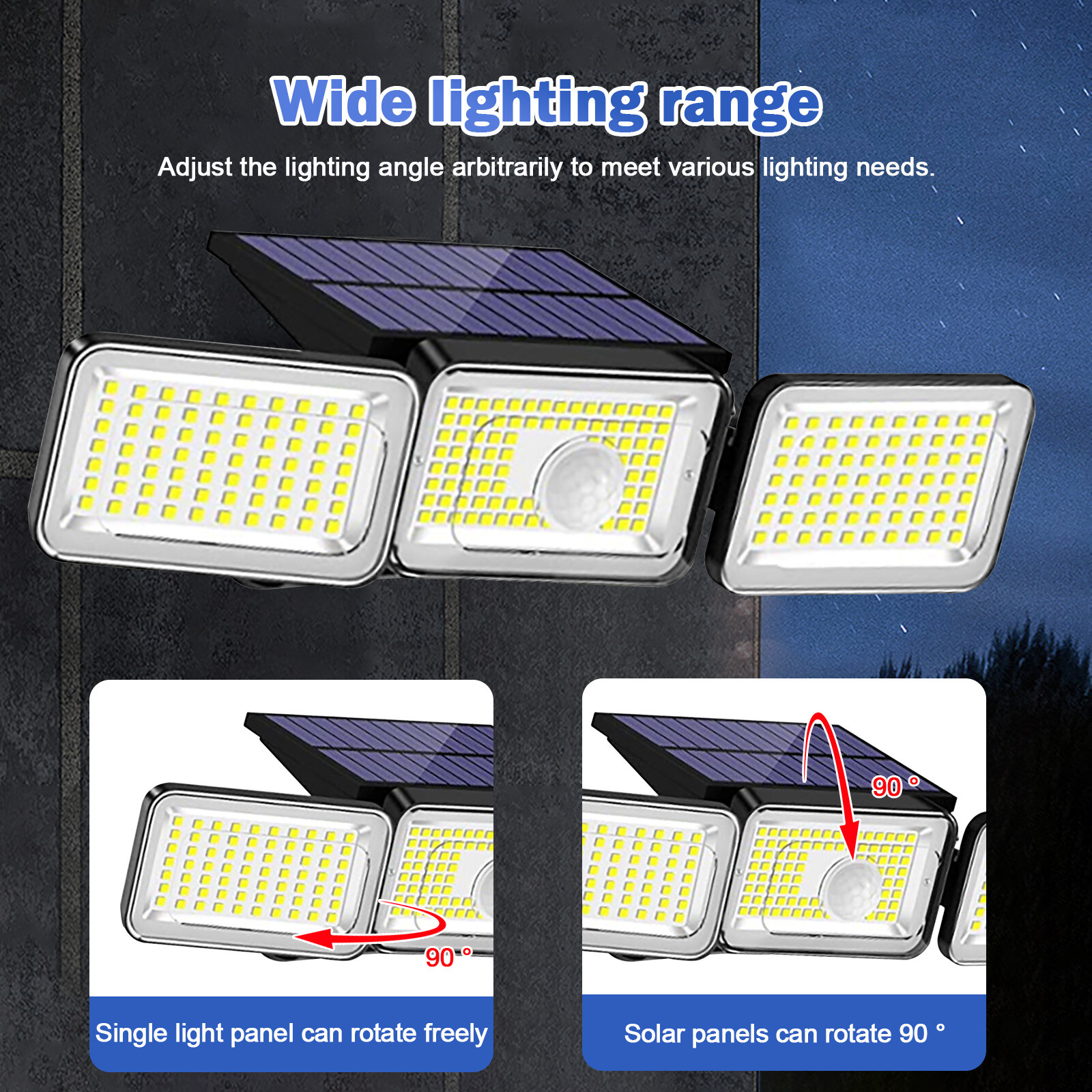 3 Head Solar Panel 368 LED Light Motion Sensor Outdoor Garden Wall Security Lamp