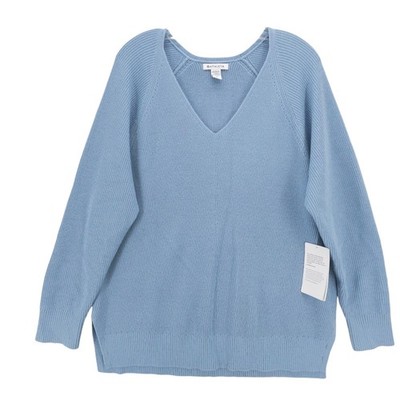 NWT ATHLETA Blue Hanover V-Neck Sweater Polyester Extra Fine Merino Wool XL