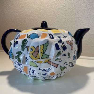 Art Pottery Mosaic Teapot Colorful Flowers Birds Over Cobalt Blue Pot