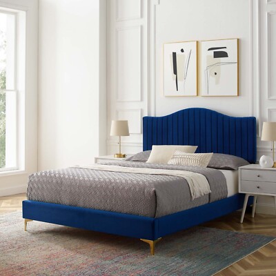 Modway Juniper Channel Tufted Performance Velvet Queen Platform Bed in Navy