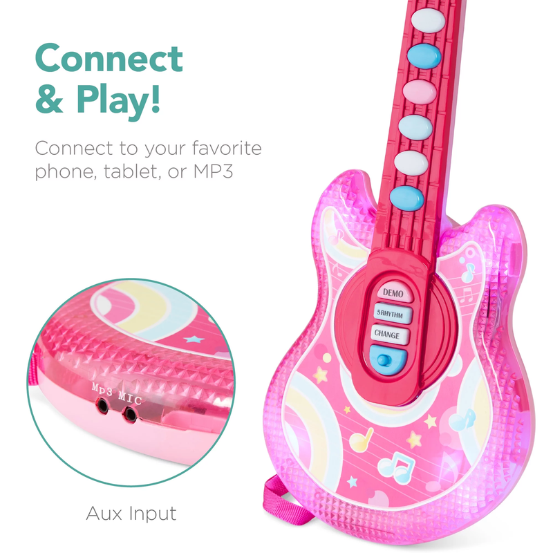 19-Inch Kids Flash Guitar with Microphone and Stand - Pink Musical Toy