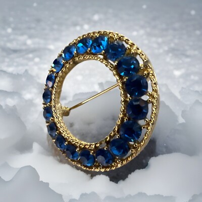 Vintage Bright Sapphire Rhinestones Brooch Pin Gold Tone  Domed Open Circle