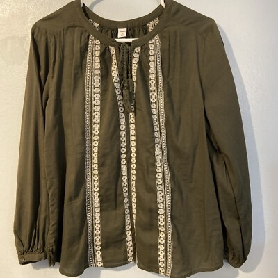 Old Navy Peasant Top Blouse Olive Green Embroidered Tassel Tie Long Sleeve sz XS