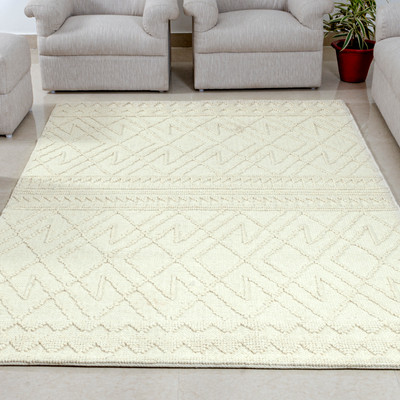 Hand Woven Ivory Geometric High/Low Jute Rug by Tufty Home -V04