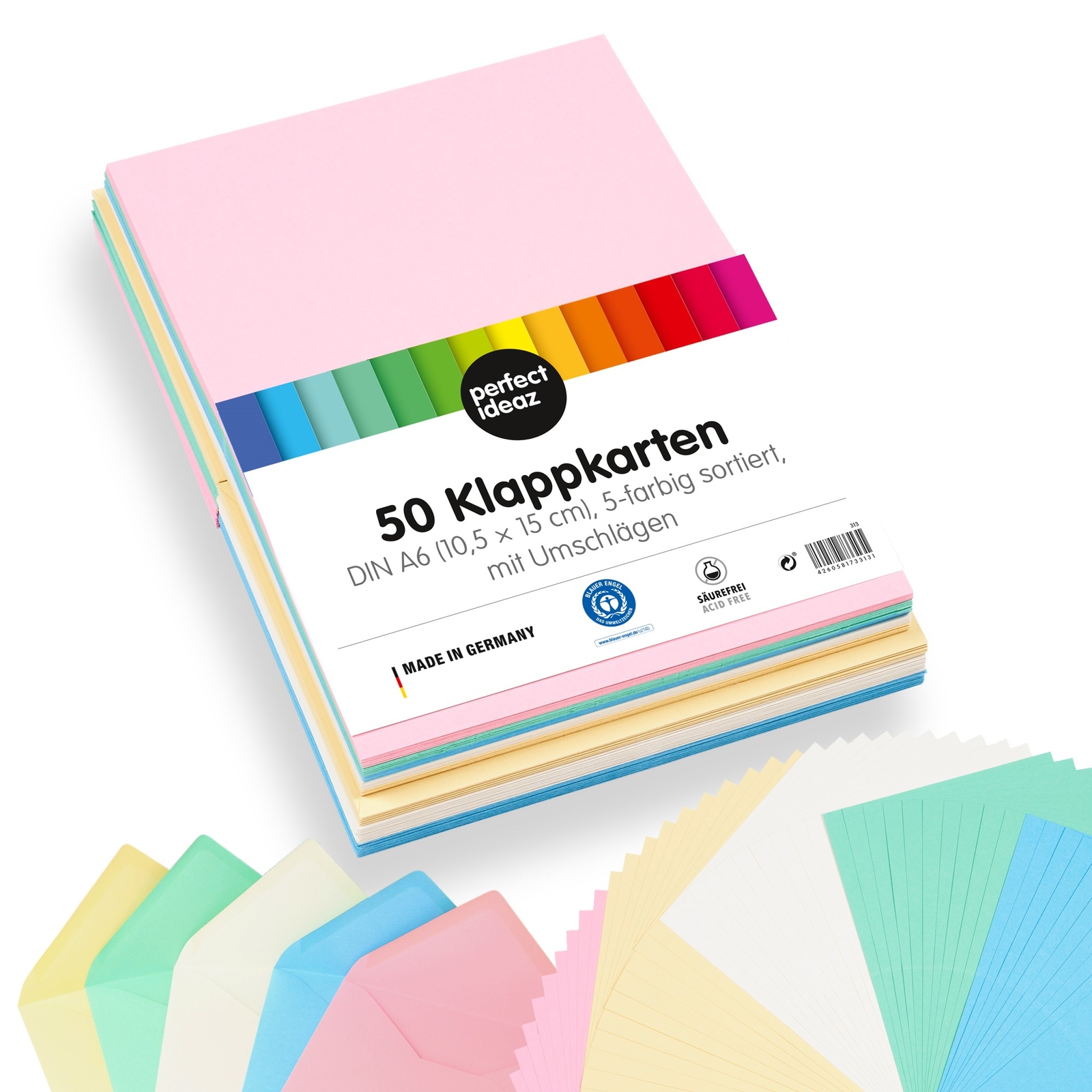 50er Pack Doppelkarten+Umschlag 10,5x15cm 5 farbig sortiert-PASTELL