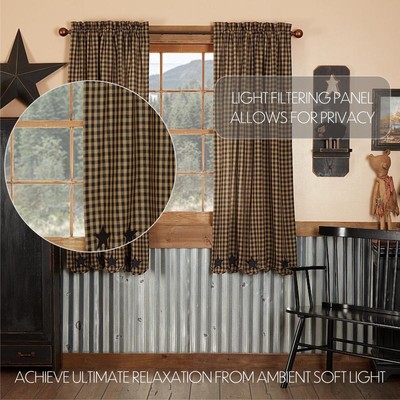 VHC Brands Primitive 63"x36" Panel Pair Black Rod Pocket Star Window Curtains