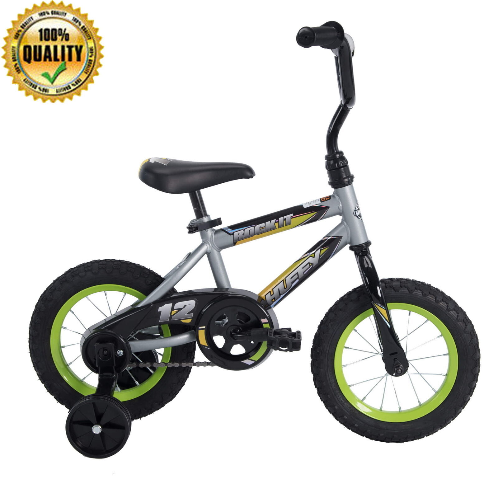 12 Inch Boy Kids Bike Silver Matte Pad Strong Steel Rims Black Handle Lime Hot