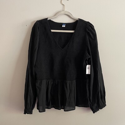 Old Navy Women SZ XL Black Smoked Top Ruffled Bottom Long Sleeve Blouse NWT