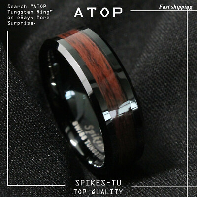 8mm Black Men's Tungsten Carbide ring Red Wood Inlay Wedding Band mens jewelry