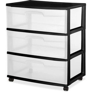 Sterilite 3 Drawer Wide Cart Plastic Storage Organizer Black For