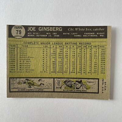 1961 Topps Baseball #79 Joe Ginsberg