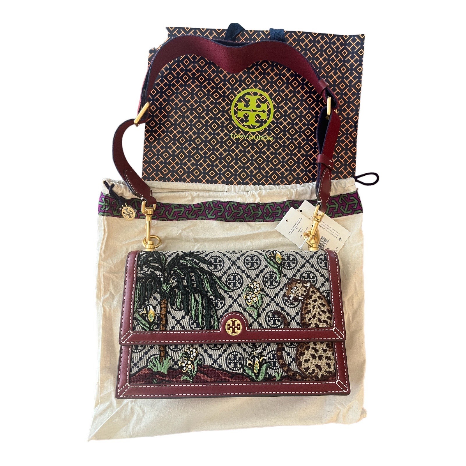 トリーバーチ 美品 Tory Burch 83958 T Monogram Jacquard Embroidered Shoulder