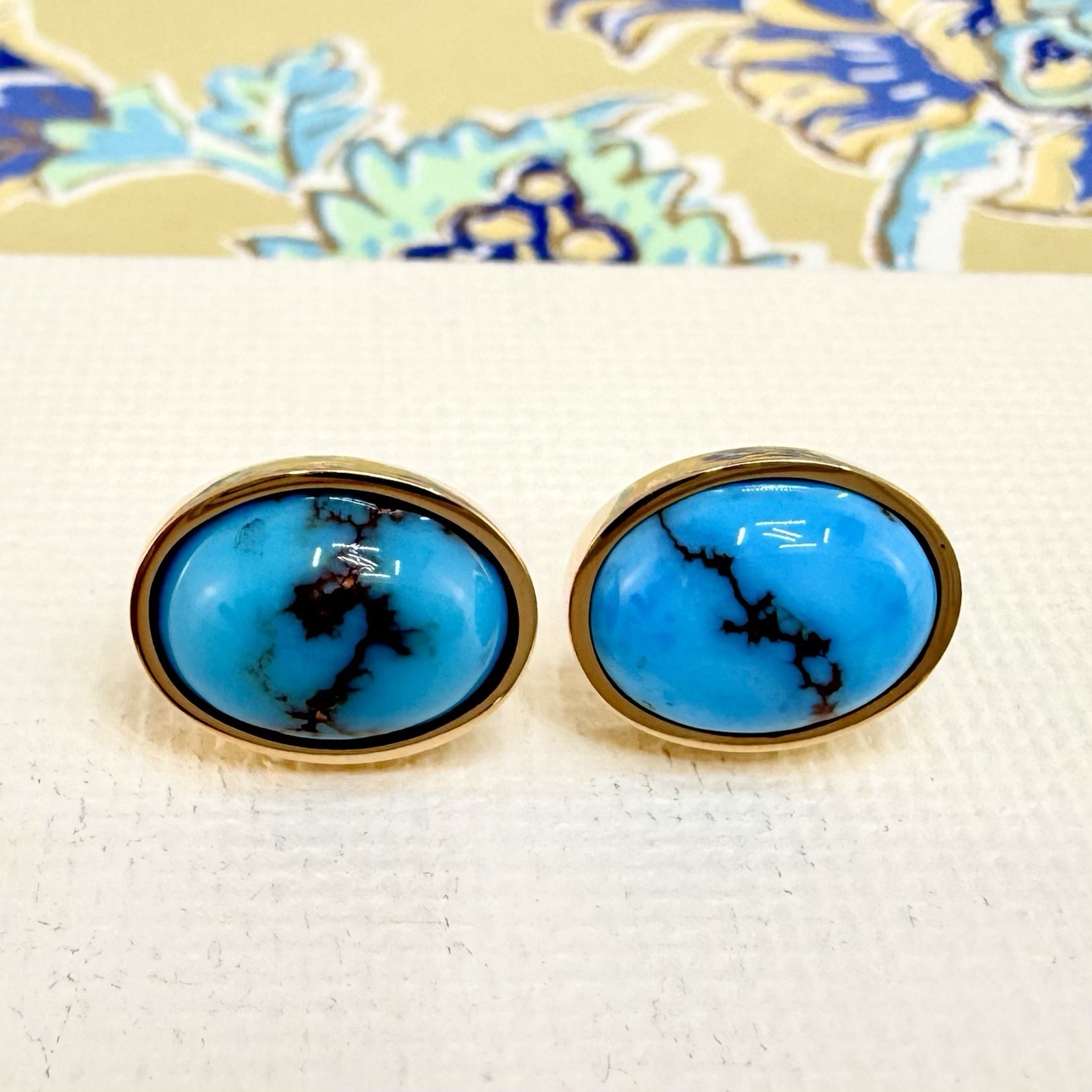 14k Yellow Gold Egyptian Turquoise Custom Made Stud Earrings, New Pair #2 - Picture 1 of 8