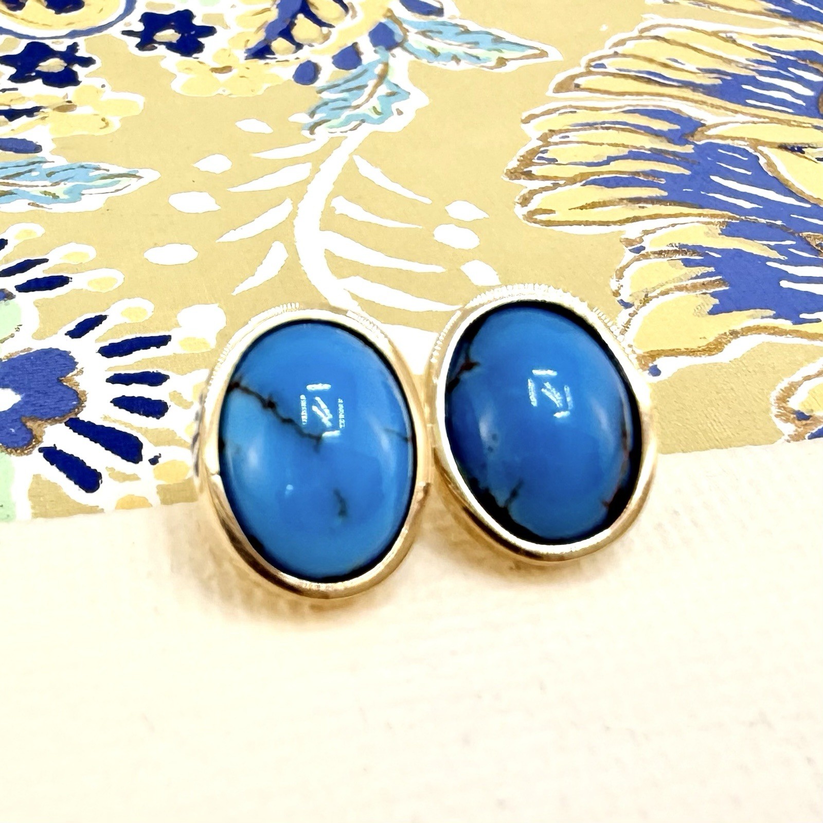 14k Yellow Gold Egyptian Turquoise Custom Made Stud Earrings, New Pair #3 - Picture 5 of 9