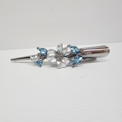 Vintage Huge Blue Rhinestone Flower Hair Clip, Silvertone Metal