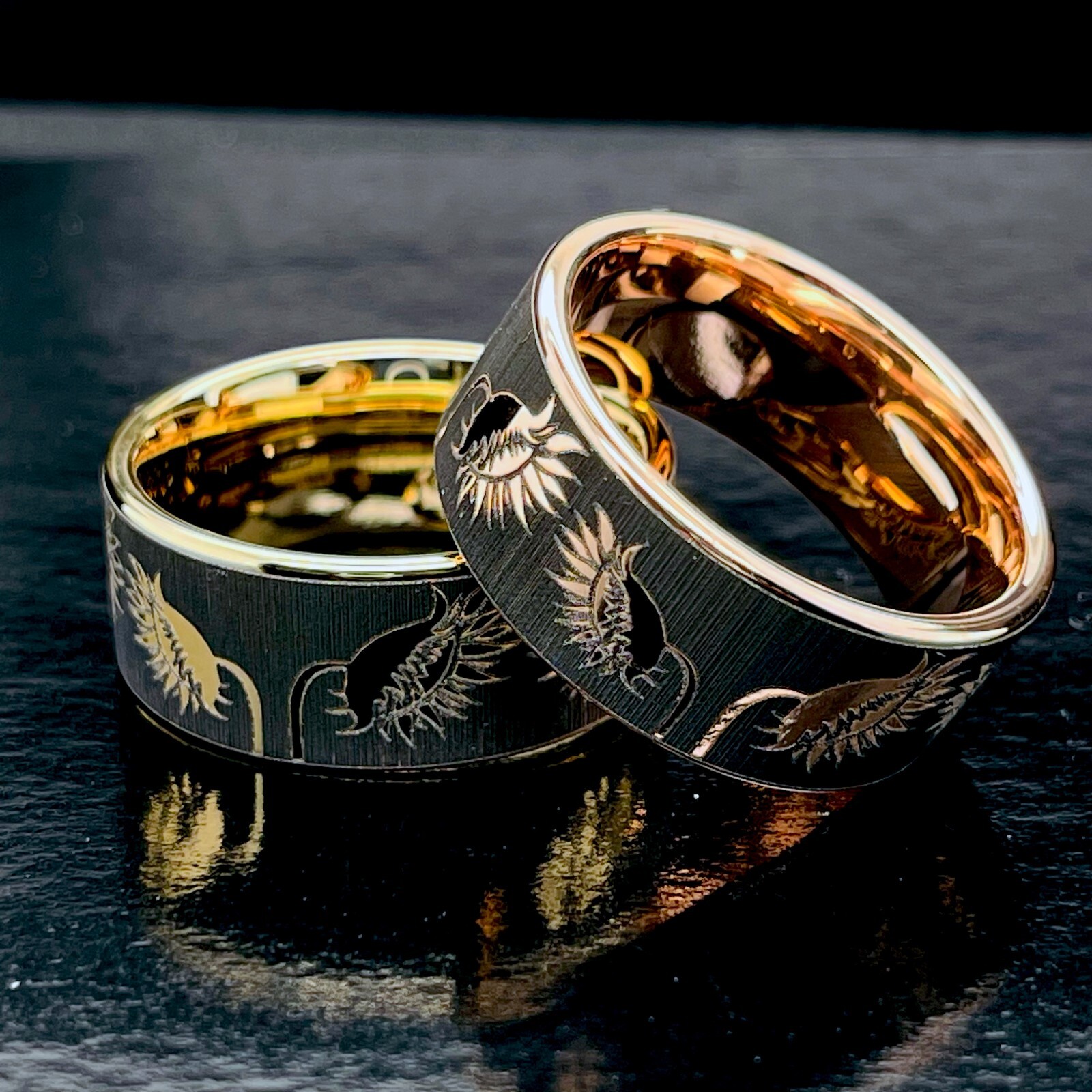 Pre-owned Rosegold Sunflowers Pattern Engrave Rose Gold Tungsten Carbide Ring, Mens And Women Ring