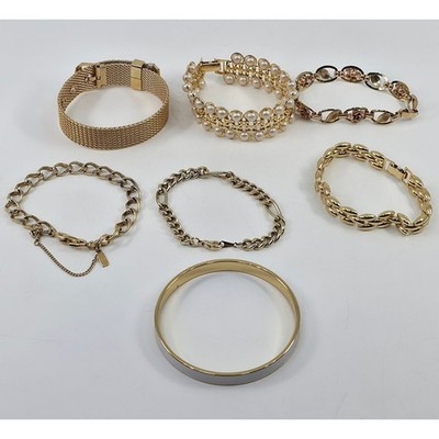 Lot of 7 Gold Tone Bracelets Mesh Buckle Faux Pearl Rose Floral Enamel Bangle