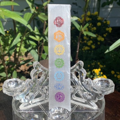 7 Chakras Selenite Wand Charging Plate Crystal Cleansing Etched Symbols 5.78''