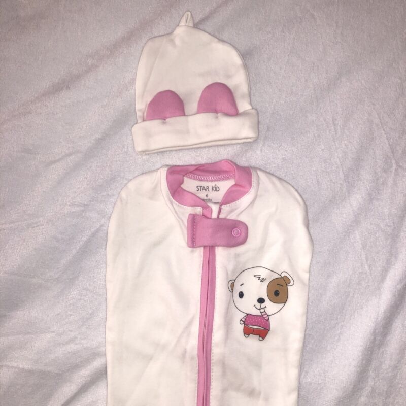 Star Kid 0-6mos Girls Pink White Stretchy BABY SWADDLE Sleep Sack With Hat