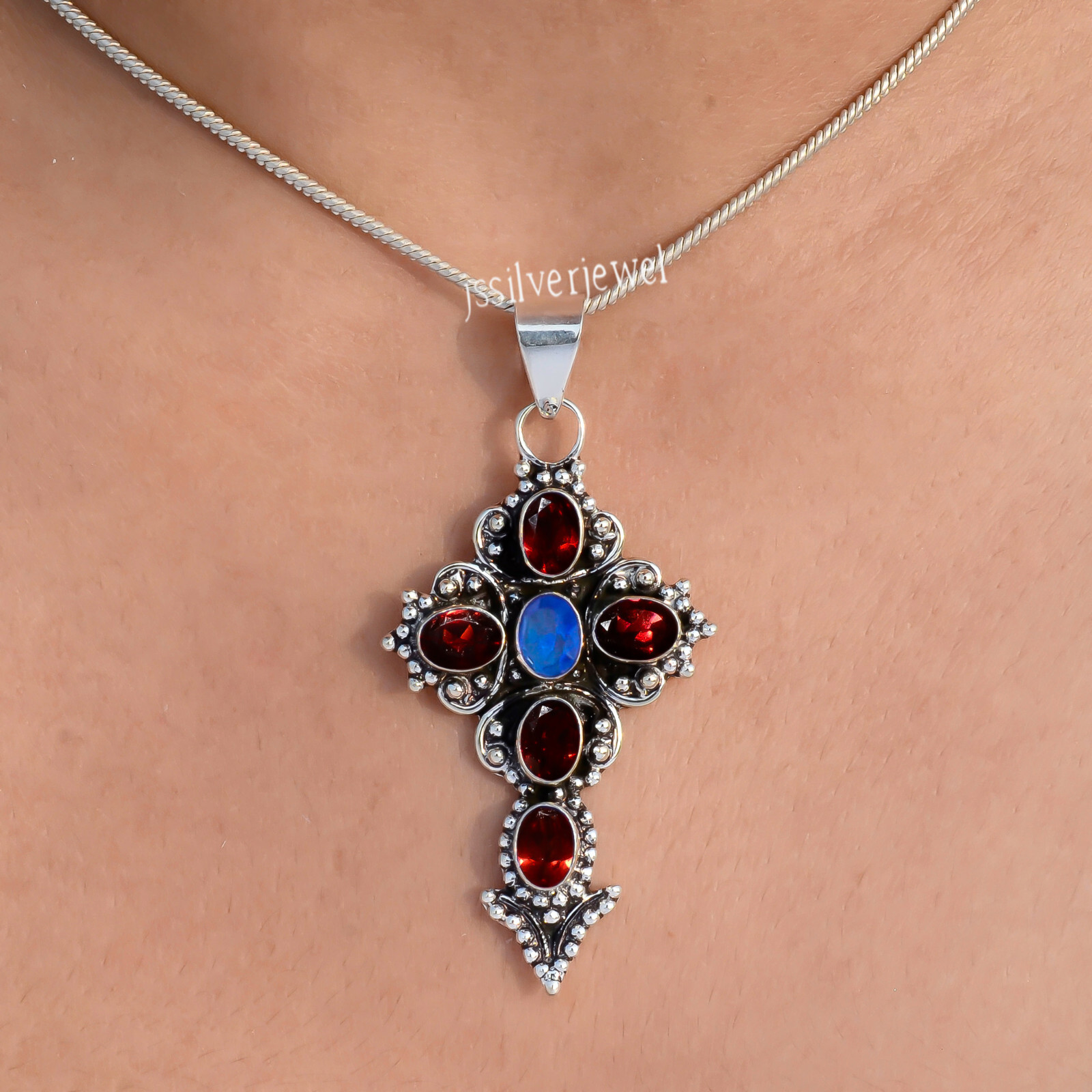 Faceted Garnet & Tanzanite Gemstone 925 Sterling Silver Boho